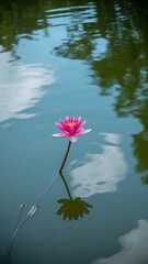 Vibrant pink water lily floating on tranquil blue water