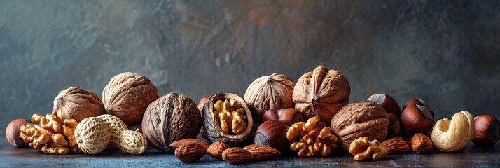 Assorted nuts including walnuts, almonds, cashews, and peanuts arranged beautifully on a rustic wooden surface, showcasing natural textures and rich colors