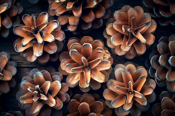 Flat lay arrangement of pine cones on a dark wooden surface, showcasing natural textures and colors, ideal for seasonal decor and design mockups with copy space