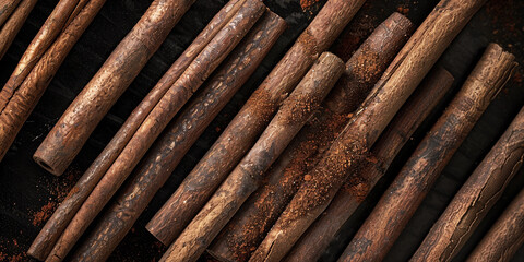 Flat lay of aromatic cinnamon sticks arranged on a dark surface with scattered cinnamon powder, creating a warm and inviting culinary background with copy space