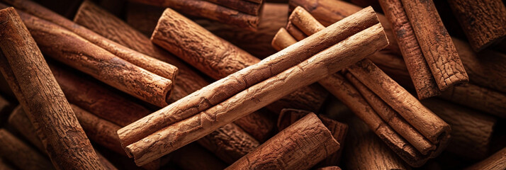 Cinnamon sticks arranged in a flat lay background, showcasing their rich textures and warm colors, ideal for culinary and aromatic web banner designs