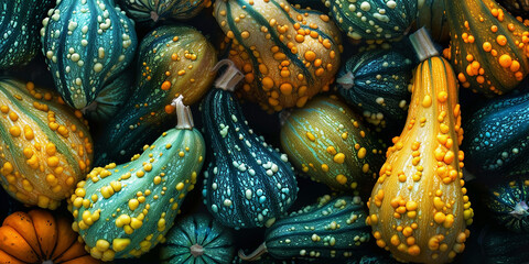 Colorful assortment of decorative gourds in various shapes and sizes, creating a vibrant flat lay background for seasonal web banner design