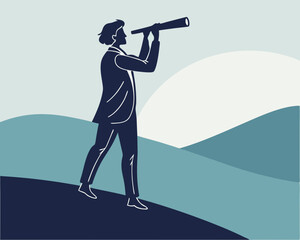 Silhouette of a business professional observing the horizon with a telescope in a minimalist landscape