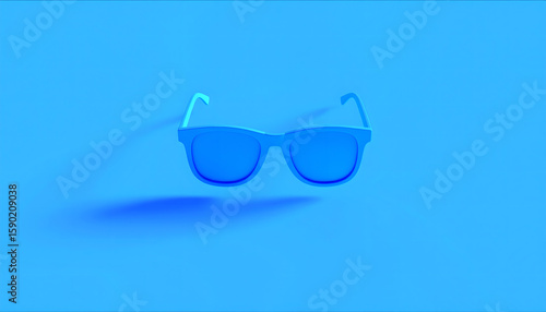 Monochrome Blue Sunglasses Floating on a Matching Background: Minimalist Summer Aesthetic