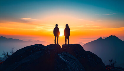 Silhouetted Couple Admiring Sunset Mountain View: Adventure, Achievement, and Nature