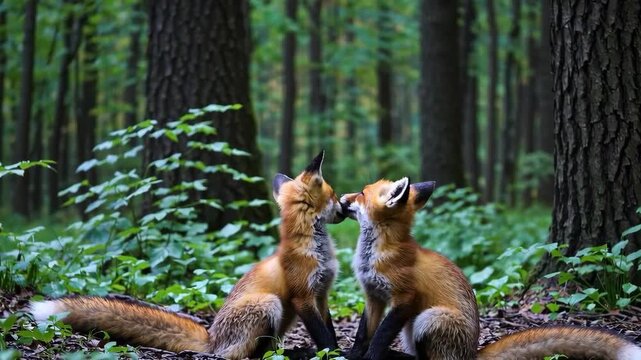Playful fox cubs frolic and explore in lush forest setting