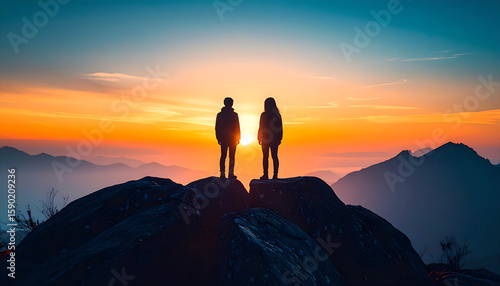 Silhouetted Couple Admiring Sunset Mountain View: Adventure, Achievement, and Nature