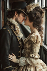 Romantic couple in vintage attire sharing an intimate moment, showcasing elaborate costumes and rich textures in a beautifully lit historical setting