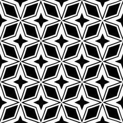 Geometric seamless pattern with black and white stars and shapes, vector, design for decor, print, fabric, textiles, wallpaper, package    