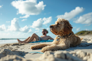 Relaxed dog lounging on sandy beach while owner enjoys sunbathing in background, showcasing a peaceful day by the ocean with fluffy clouds above