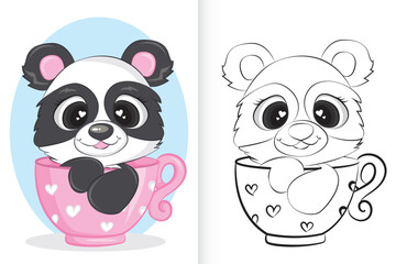 Cute panda in cup. coloring book for preschool children.