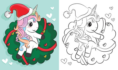 coloring pages of unicorns christmas.  Cartoon hand drawn unicorn. Vector illustration. Design for coloring book, greeting cards, t-shirt and other