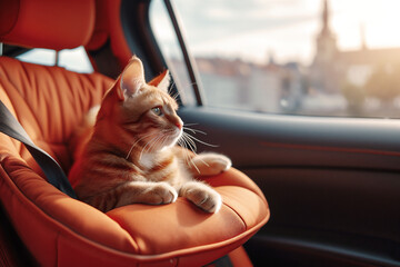 Ginger cat relaxing in a cozy car seat, gazing out the window at a scenic view, capturing a moment of tranquility and companionship during travel