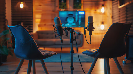 The interior of a modern Podcast or interview setup with chairs and microphones for a podcast or interview room.