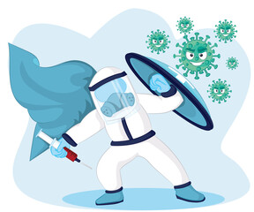 Vector illustration fight corona virus. cure corona virus. people fight virus concept. corona viruses vaccine concept. don't be afraid of the corona virus concept.