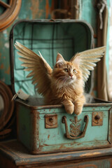 Cat with angelic wings is playfully perched in an antique suitcase, surrounded by vintage decor, creating a whimsical and enchanting atmosphere