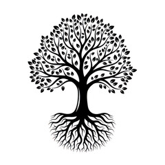 Stylized white tree of life with intricate branches and roots isolated on transparent background