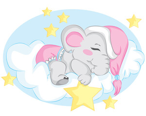 Cute sleeping little elephant on the cloud