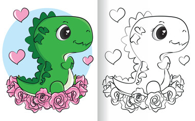 Dinosaur coloring book page for children. Cute cartoon dinosaur.