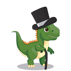 Happy cute cartoon dinosaur with vintage dress hat and cane