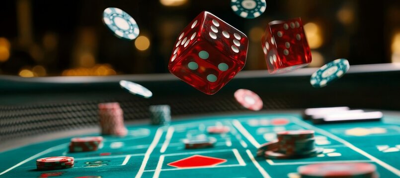 Exciting Moment at a Professional Craps Table with Dice in the Air and Colorful Betting Chips Around