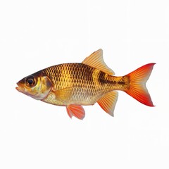 Fototapeta premium A photo of a vibrant fish with a predominantly golden-yellow scale pattern on its body. The fish has a pronounced black fin on its back and a bright orange tail fin