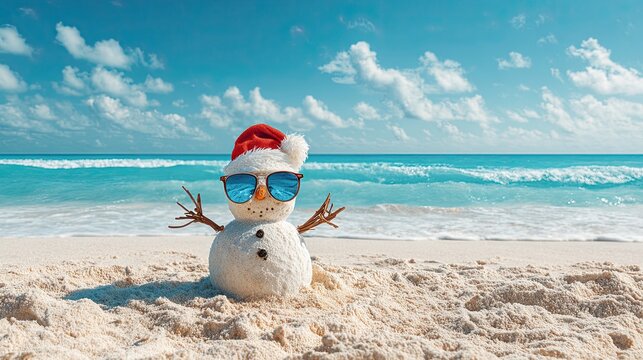 Funny snowman in sunglasses and Santa hat made of sand on tropical beach with turquoise ocean and blue sky - Powered by Adobe