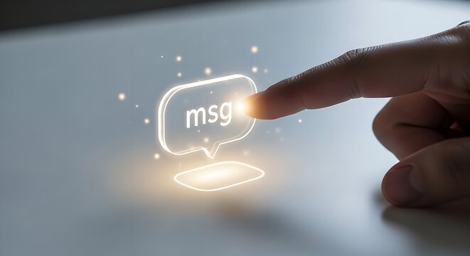A finger touching a glowing message icon with the letters msg on a light colored surface with sparkles