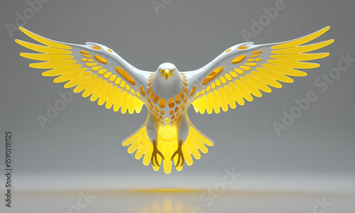 Abstract Eagle with Yellow Wings Spreading Wide on Gray Background, Graphic Design