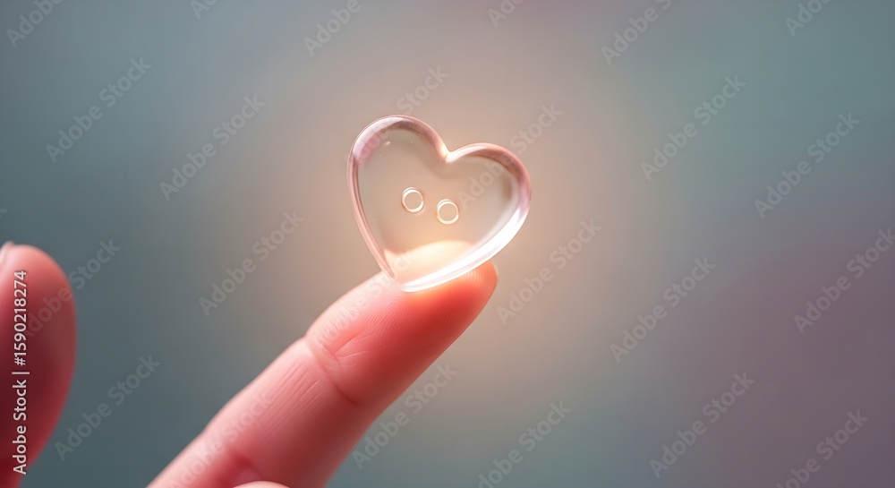 Poster a clear heart shaped button held on a fingertip with a blurred background in a soft light setting