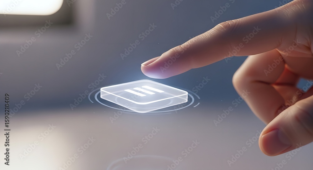 Poster a finger presses a glowing square button with horizontal lines on a smooth surface in a close up sho