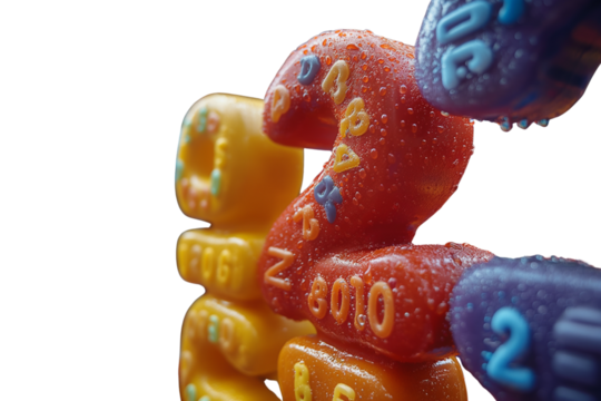 Macro shot of colorful number blocks with embossed letters. Edible candy. Isolated on transparent background, png