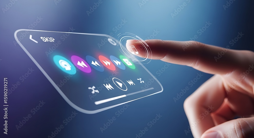 Poster hand interacting with a futuristic transparent device displaying a music player interface elements