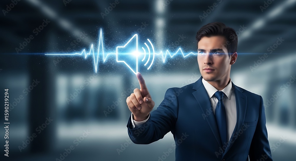 Poster man in suit interacting with a glowing sound wave interface in a blurred indoor environment