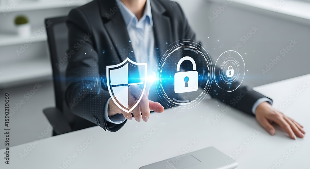 Poster a person in a suit pointing at a digital shield and padlock representing cybersecurity measures onli