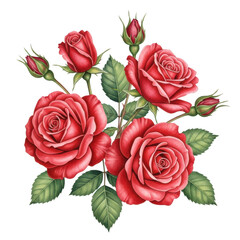 Beautiful bouquet of red roses with green leaves isolated on transparent background