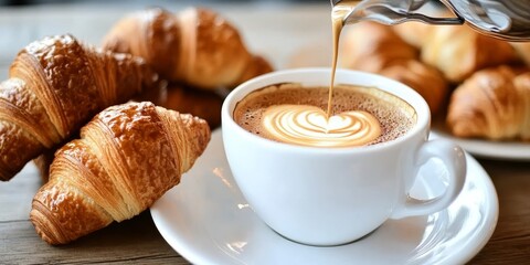 Morning Coffee Moments Pouring Dark Liquid into Perfect Cappuccino with Tasty Croissant Close Up