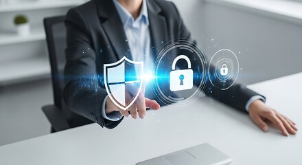 A person in a suit pointing at a digital shield and padlock representing cybersecurity measures online now