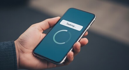 A hand holding a smartphone with a loading circle and the word tasking displayed on the screen