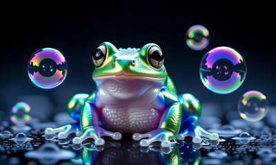 Shiny Toy Frog Surrounded by Bubbles on Wet Surface, Dark Background