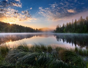 Fototapeta premium serene misty lake at sunrise surrounded by lush forest and dramatic sky