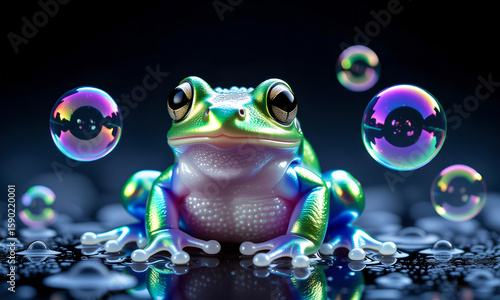 Shiny Toy Frog Surrounded by Bubbles on Wet Surface, Dark Background