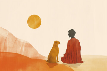 Silhouette of a person in a red cloak sitting beside a golden dog against a warm sunset backdrop, evoking tranquility and companionship in a serene landscape