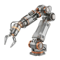 Advanced industrial robotic arm with metallic finish and copper accents isolated on transparent background