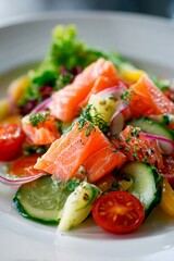 A colorful plate features succulent pieces of salmon, cucumber, cherry tomatoes, and mixed greens, creating a refreshing summer salad enjoyed at an outdoor setting