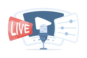 Online podcasting concept, Listening to a podcast with a microphone. Recording a podcast, single icon. Podcast audio. Online radio show. Flat design illustration on background.