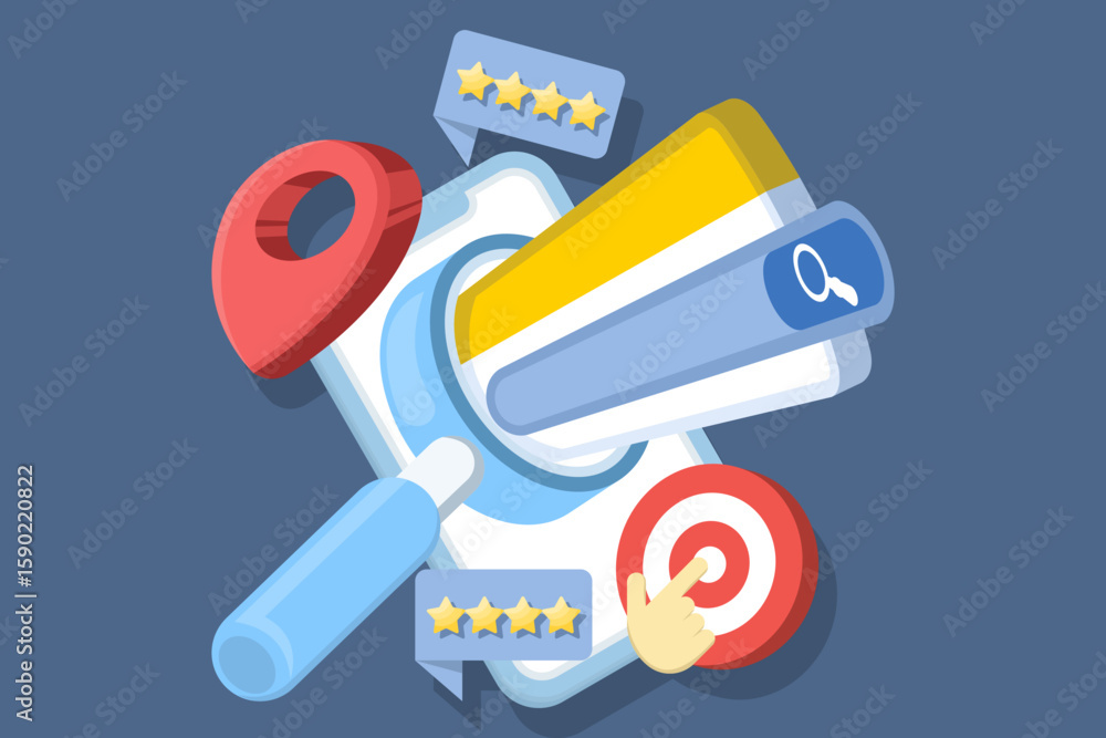 Poster the concept of seo is optimizing visibility, local search with location-based marketing, and local b