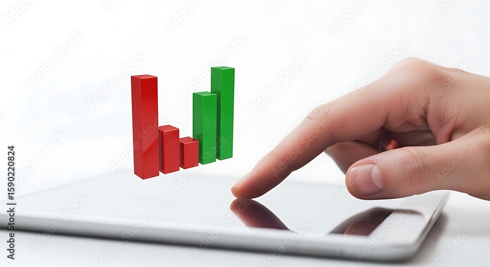 Poster hand interacting with a tablet displaying a red and green bar graph against a white background