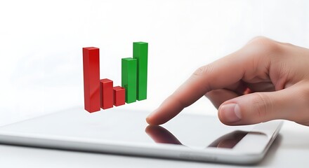 Hand interacting with a tablet displaying a red and green bar graph against a white background