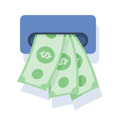 ATM cash withdrawal concept. ATM cash withdrawal, bank payments. Convenient and secure financial transactions. Money coming out of an ATM. Business, finance, and banking. Flat design illustration.
